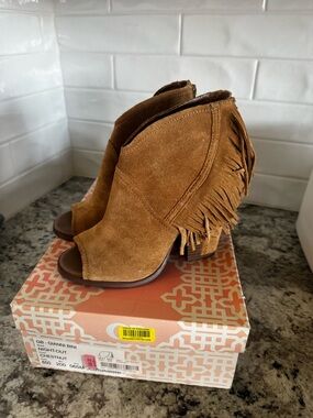 Gianni Bini Chestnut Suede Fringe Open-Toe Ankle Booties